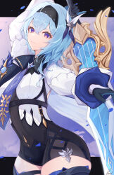Rule 34 | 1girl, absurdres, arm up, black border, black gloves, black hairband, blue cape, blue hair, blue necktie, boots, border, breasts, cape, chest harness, closed mouth, cloud, cowboy shot, eula (genshin impact), genshin impact, gloves, greatsword, hair between eyes, hair ornament, hairband, harness, high-waist shorts, highres, holding, holding sword, holding weapon, long sleeves, looking at viewer, medium breasts, medium hair, multicolored eyes, necktie, outstretched arm, pisuke (user kcmh2774), purple eyes, purple sky, serious, shorts, sidelocks, signature, sky, solo, song of broken pines (genshin impact), sword, sword behind back, thigh boots, vision (genshin impact), weapon, white sleeves, wide sleeves