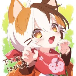 Rule 34 | 1boy, :3, animal ears, bandana, brown hair, calico, cat boy, cat ears, character name, claw pose, fangs, green background, hair between eyes, indie virtual youtuber, looking at viewer, male focus, mamiya mao, open mouth, orange hair, paw-shaped pupils, portrait, red bandana, smile, solo, symbol-shaped pupils, tatamaru (vtuber), virtual youtuber, yellow background