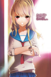 Rule 34 | 10s, 1girl, aiba asagi, blonde hair, blue skirt, character name, collarbone, crossed arms, grey sweater, hair between eyes, high ponytail, highres, indoors, long hair, looking at viewer, manyako (mohumohu), necktie, non-web source, novel illustration, official art, open mouth, pleated skirt, red eyes, red necktie, school uniform, skirt, solo, standing, strike the blood, sweater, very long hair