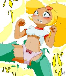 Rule 34 | 1girl, 2017, blonde hair, blush, bow, bow panties, breasts, cameltoe, clenched teeth, coco bandicoot, cottontail, covered erect nipples, crash bandicoot (series), dated, electricity, female focus, flower, furry, furry female, green eyes, hair flower, hair ornament, hands up, highres, long hair, medium breasts, navel, no bra, orange flower, overalls, panties, peeing, peeing self, pink panties, ponytail, red bow, shirt, short sleeves, simple background, solo, spread legs, teeth, torn clothes, underboob, underwear, watermark, white background, white shirt