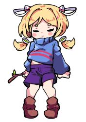 Rule 34 | 1girl, aged down, aki rosenthal, arms at sides, blonde hair, blue sweater, blush stickers, boots, brown footwear, closed eyes, closed mouth, cosplay, detached hair, frisk (undertale), frisk (undertale) (cosplay), full body, hair intakes, hair ornament, holding, hololive, long hair, long sleeves, low twintails, midriff peek, navel, puffy long sleeves, puffy sleeves, purple shorts, short eyebrows, short hair, shorts, solo, standing, sweater, thick eyebrows, toon (toonhoshi), transparent background, turtleneck, turtleneck sweater, twintails, undertale, virtual youtuber