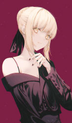 Rule 34 | 1girl, artoria pendragon (all), artoria pendragon (fate), black bow, black dress, blonde hair, bow, buttons, closed mouth, der, dress, fate/grand order, fate/stay night, fate (series), fov ps, hair bow, hair bun, highres, long sleeves, looking at viewer, applying manicure, red background, red eyes, saber alter, short hair