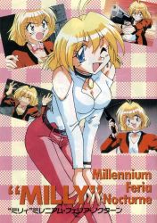 Rule 34 | 1990s (style), 1girl, angry, arm support, belt, blonde hair, blue eyes, bow, bowtie, breasts, choker, cleavage, earrings, closed eyes, female focus, gun, jacket, jewelry, leaning, leaning forward, lost universe, millennium feria nocturne, multiple views, necklace, open mouth, outdoors, pants, scared, short hair, sky, smile, weapon, wink