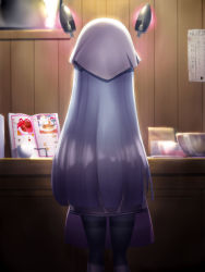 Rule 34 | 10s, 1girl, apron, book, c-low, cookbook, cooking, from behind, highres, kantai collection, light, long hair, misleading thumbnail, murakumo (kancolle), open book, pantyhose, solo, tenugui, thighband pantyhose, valentine, very long hair, white hair