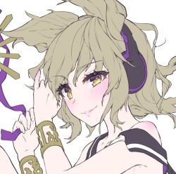 Rule 34 | 1girl, bad id, bad twitter id, bare shoulders, blush, bracelet, brown eyes, brown hair, commentary request, earmuffs, hands up, holding, jewelry, looking at viewer, off shoulder, parted lips, pointy hair, portrait, purple ribbon, ribbon, short hair, simple background, smile, solo, syuri22, touhou, toyosatomimi no miko, unfinished, white background