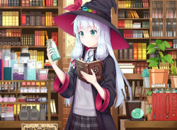 Rule 34 | 1girl, black hat, black robe, blush, book, bookshelf, bottle, closed mouth, collared shirt, commentary request, green eyes, grey skirt, hair between eyes, hat, holding, holding book, holding bottle, jewelry, kaie, long hair, long sleeves, open book, open clothes, open robe, original, pendant, plaid, plaid skirt, plant, pleated skirt, potted plant, robe, shirt, silver hair, skirt, solo, sweater vest, translation request, transparent, very long hair, white shirt, wide sleeves, witch hat