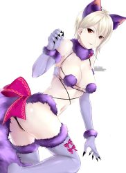 Rule 34 | 10s, 1girl, animal ears, ass, breasts, claws, cleavage, cosplay, fur-trimmed gloves, fur-trimmed legwear, fur collar, fur trim, gloves, halloween costume, highres, kneeling, large breasts, looking at viewer, looking back, mash kyrielight, mash kyrielight (dangerous beast), mash kyrielight (dangerous beast) (cosplay), nakiri alice, navel, o-ring, o-ring top, official alternate costume, purple gloves, purple thighhighs, rei kun, revealing clothes, shokugeki no souma, simple background, smile, solo, strap gap, tail, thighhighs, watermark, web address, white background, wolf ears, wolf tail