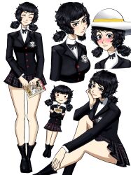 Rule 34 | absurdres, alternate costume, black shirt, blush, book, bow, bowtie, chaosoded, chibi, collared shirt, full body, hat, highres, kawakami sadayo, persona, persona 5, pleated skirt, school uniform, shirt, simple background, sitting, skirt, smile, sun hat, twintails, white background