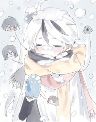 Rule 34 | 1boy, ahoge, black scarf, blue gloves, blush, cape, closed eyes, esther (project moon), gloria (project moon), gloves, hubert (project moon), library of ruina, long hair, male focus, maratang, mittens, moirai (project moon), multicolored hair, project moon, red scarf, scarf, side ponytail, snow on head, snowing, solo, streaked hair, too many, too many scarves, upper body, very long hair, white cape, white hair, yan vismok, yellow scarf