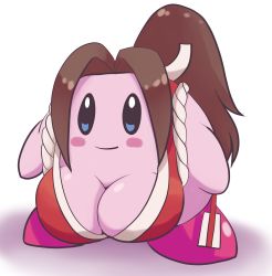 Rule 34 | blue eyes, blush stickers, breasts, brown hair, cleavage, commentary, cosplay, english commentary, fatal fury, highres, holding, kirby, kirby (series), large breasts, long hair, nintendo, no humans, pink footwear, ponytail, reqqles, shadow, shiranui mai, shiranui mai (cosplay), shoes, simple background, smile, super smash bros., the king of fighters, what, white background
