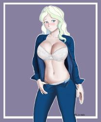 Rule 34 | 10s, 1girl, artist name, blue eyes, blush, bra, breasts, cleavage, diana cavendish, female focus, green hair, large breasts, little witch academia, looking at viewer, multicolored hair, navel, open clothes, open fly, open shirt, pants, solo, standing, thotticus-slayer, two-tone hair, underwear, white hair