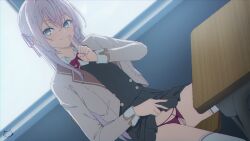 1girl alisa_mikhailovna_kujou artist_logo black_skirt blue_eyes bow bowtie brown_jacket chair classroom clothes_lift commentary desk english_text finger_to_mouth hair_ribbon hand_up highres indoors jacket keihh lapels lingerie long_hair looking_at_viewer notched_lapels paid_reward_available panties pearl_thong pleated_skirt red_bow red_bowtie red_panties red_ribbon ribbon school_chair school_desk school_uniform seiren_academy_school_uniform shushing sitting skirt skirt_lift smile solo thighhighs thighs tokidoki_bosotto_roshia-go_de_dereru_tonari_no_alya-san underwear white_hair white_thighhighs