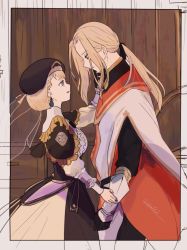 Rule 34 | 1boy, 1girl, artist name, blonde hair, border, brother and sister, corset, dress, earrings, eye contact, fire emblem, fire emblem: three houses, frilled dress, frills, gloves, hat, jeritza von hrym, jewelry, looking at another, mercedes von martritz, nintendo, ponytail, sasaki (dkenpisss), siblings, smile, veil