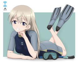Rule 34 | 1girl, absurdres, acrux, artist logo, blue eyes, bodysuit, commentary, commission, dated, diving mask, diving suit, eila ilmatar juutilainen, elbow rest, emblem, english commentary, flippers, goggles, grey bodysuit, grey footwear, grin, head rest, highres, light brown hair, long hair, looking at viewer, lying, on stomach, short sleeves, smile, snorkel, solo, strike witches, wetsuit, world witches series