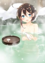 Rule 34 | 10s, 1girl, :d, ahoge, bathing, blue eyes, blush, bottle, braid, breasts, brown hair, choko (cup), collarbone, cup, drinking glass, fingernails, hair between eyes, hair flaps, hair ornament, hairpin, holding, holding bottle, kantai collection, looking at viewer, naoto (tulip), navel, nude, onsen, open mouth, outdoors, partially submerged, shigure (kancolle), shigure kai ni (kancolle), single braid, small breasts, smile, snow, snowing, solo, tokkuri