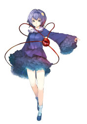 Rule 34 | 1girl, absurdres, alternate color, alternate costume, alternate hair color, bare legs, blue hair, frilled skirt, frilled sleeves, frills, full body, gradient hair, hairband, heart, highres, huangquan dong (sinchi), komeiji satori, loafers, looking at viewer, multicolored hair, outstretched arm, parted lips, purple eyes, shoes, short hair, simple background, skirt, socks, solo, third eye, touhou, white background