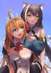 Rule 34 | 2girls, ahoge, animal ear fluff, animal ears, black hair, black legwear, blue eyes, blue sky, bow, braid, breasts, carrying, carrying person, cat ears, cat tail, day, dress, gloves, green eyes, hair between eyes, hand on another&#039;s shoulder, highres, ito t20a, karyl (princess connect!), large breasts, long hair, looking to the side, multicolored hair, multiple girls, open mouth, orange hair, outdoors, pecorine (princess connect!), piggyback, princess connect!, puffy short sleeves, puffy sleeves, red bow, short sleeves, single braid, sky, smile, streaked hair, tail, tiara, upper body, white gloves, yellow bow