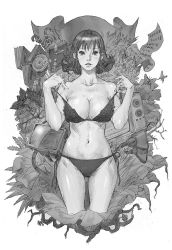Rule 34 | 1girl, bikini, breasts, cleavage, cropped legs, crt, flower, greyscale, kilart, large breasts, monochrome, navel, nose, original, short hair, side-tie bikini bottom, solo, strap pull, swimsuit, television, undressing