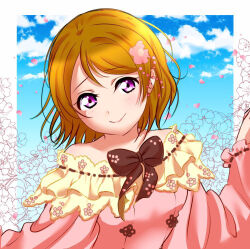 Rule 34 | 1girl, bare shoulders, blue sky, bow, bowtie, brown bow, brown hair, cherry blossoms, closed mouth, cloud, day, dress, flower, hair flower, hair ornament, koizumi hanayo, layered dress, long sleeves, looking at viewer, love live!, love live! school idol project, pink dress, purple eyes, short hair, sky, smile, solo, upper body, wide sleeves, zk (mery 98)