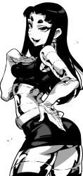 Rule 34 | 1girl, ass, blackfire, dc comics, eyelashes, greyscale, hand on own chest, highres, hoof gloves, ireading, long hair, looking at viewer, miniskirt, monochrome, open mouth, panties, short eyebrows, skirt, smile, solo, teen titans, thick eyebrows, underwear