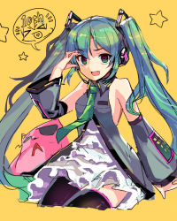 Rule 34 | 1girl, :d, aqua hair, commentary, detached sleeves, fang, green eyes, hatsune miku, heart, heart-shaped pupils, long hair, looking at viewer, necktie, no&#039;mad, open mouth, skirt, sleeveless, smile, solo, speech bubble, star (symbol), sunglasses, symbol-shaped pupils, thighhighs, twintails, very long hair, vocaloid, zettai ryouiki