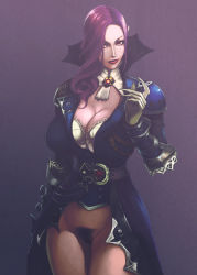 Rule 34 | 1girl, bottomless, breasts, character request, claws, cleavage, cleavage cutout, cleft of venus, clothing cutout, female pubic hair, gauntlets, gradient background, grey background, high collar, large breasts, lips, lipstick, long hair, makeup, no panties, nose, pubic hair, purple hair, red eyes, rennes, showgirl skirt, solo, vampire