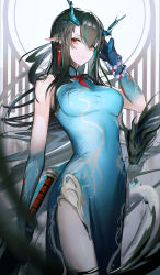 Rule 34 | 1girl, absurdres, arknights, arm tattoo, bead bracelet, beads, black hair, bracelet, breasts, china dress, chinese clothes, colored skin, dress, dusk (arknights), dusk (everything is a miracle) (arknights), earrings, green dress, green skin, hand up, highres, hiyaori (hiyahiyaval), holding, holding sword, holding weapon, horns, jewelry, long hair, looking at viewer, medium breasts, multicolored hair, official alternate costume, pelvic curtain, pointy ears, red eyes, side slit, solo, streaked hair, sword, tassel, tassel earrings, tattoo, thighs, very long hair, weapon