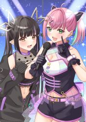 Rule 34 | 2girls, belt, black gloves, black hair, black jacket, black shirt, black shorts, black vest, blunt bangs, blush, breasts, chain, cleavage, commentary request, commission, cowboy shot, crop top, demon girl, demon horns, gloves, green eyes, hair between eyes, hair ornament, hairclip, heart, heart print, holding, holding microphone, horns, indie virtual youtuber, jacket, kojo anna, kojo anna (1st costume), long hair, long sleeves, medium bangs, medium breasts, microphone, midriff, multicolored hair, multiple girls, nanashi inc., navel, off shoulder, open clothes, open jacket, open mouth, pink belt, pink hair, pointy ears, print shirt, purple hair, sakuragi miria, second-party source, see-through, see-through shirt, shirt, short hair, shorts, skeb commission, sleeveless, sleeveless shirt, smile, star-shaped buckle, star (symbol), tsukishiro mio, twintails, two-tone hair, vest, virtual youtuber, x hair ornament, yellow eyes, zipper