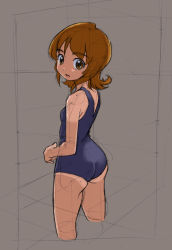 Rule 34 | 10s, 1girl, ass, brown eyes, brown hair, grey background, happinesscharge precure!, looking at viewer, one-piece swimsuit, oomori yuuko, precure, rohitsuka, short hair, simple background, sketch, solo, swimsuit