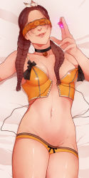 Rule 34 | 1girl, areola slip, bad id, bad pixiv id, bandages, braid, brown hair, center opening, cowboy shot, crown braid, dakimakura (medium), freckles, highres, legs together, lingerie, long hair, midriff, navel, panties, petals, philippa eilhart, solo, teeth, the witcher (series), the witcher 3, twin braids, underwear, underwear only, woxy bleeds, yellow panties