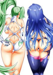 Rule 34 | 2girls, adjusting clothes, ass, ass focus, back, backboob, blue hair, breasts, butt crack, from behind, green hair, green heart (neptunia), highres, iris heart, kyou (hibikit), large breasts, long hair, multiple girls, neptune (series), ponytail, pururut, shiny clothes, shiny skin, simple background, thigh gap, thong, underboob, vert (neptunia), very long hair, wedgie, white background
