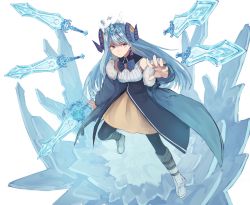 Rule 34 | 1girl, bare shoulders, blue bow, blue bowtie, blue eyes, blue hair, blue horns, blue jacket, blue pantyhose, boots, bow, bowtie, breasts, commentary request, dress, earrings, floating, floating object, floating weapon, fur-trimmed jacket, fur trim, headgear, highres, hiiragi mikoto, horns, ice, jacket, jewelry, knee boots, long hair, long sleeves, magic, medium breasts, multiple swords, original, pantyhose, simple background, solo, striped, sword, weapon, white background, white footwear
