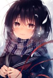 Rule 34 | 1girl, bad id, bad pixiv id, black sailor collar, black shirt, blurry, blurry background, blurry foreground, blush, brown eyes, brown hair, closed mouth, commentary request, crying, crying with eyes open, depth of field, enpera, grey scarf, hair between eyes, highres, kuro namako, long sleeves, looking at viewer, original, plaid, plaid scarf, red neckwear, sailor collar, scarf, school uniform, serafuku, shirt, sleeves past wrists, smile, solo, tears, upper body