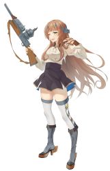 Rule 34 | 1girl, absurdres, adapted turret, b3b, blue skirt, boots, brown footwear, brown hair, brown skirt, chinese commentary, commentary request, full body, helena (kancolle), helena kai (kancolle), high-waist skirt, high heel boots, high heels, highres, holding, holding weapon, kantai collection, long hair, long sleeves, one eye closed, rudder footwear, shirt, simple background, skirt, solo, standing, thighhighs, turret, two-tone skirt, weapon, white background, white shirt, white thighhighs, yellow eyes