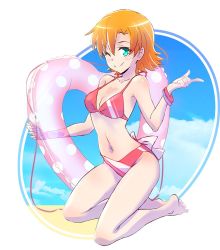 Rule 34 | 1girl, bare legs, bare shoulders, barefoot, bikini, blue eyes, blue sky, blush, bracelet, breasts, cleavage, cloud, cloudy sky, day, happy, heart-shaped hole, heart o-ring, iesupa, innertube, jewelry, kneeling, looking at viewer, navel, nora valkyrie, one eye closed, orange hair, ribbon, rwby, sky, smile, solo, stomach, swim ring, swimsuit, tan, tanline, toes