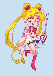Rule 34 | 1girl, artist name, back bow, bishoujo senshi sailor moon, blonde hair, blue background, blue eyes, blue sailor collar, boots, bow, bowtie, chibi, commentary, double bun, facebook logo, hair bun, highres, holding, holding wand, instagram logo, knee boots, long hair, looking at viewer, open mouth, patricia mbpec, pink bow, pink bowtie, pleated skirt, red footwear, sailor collar, sailor moon, sailor senshi uniform, simple background, skirt, solo, spanish commentary, tiara, tsukino usagi, twintails, wand