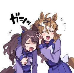 Rule 34 | 2girls, = =, animal ears, blush, brown hair, clenched hand, fig (lchijiku), hair between eyes, hair ornament, horse ears, jungle pocket (umamusume), long hair, multiple girls, nervous sweating, notched ear, open mouth, school uniform, simple background, sweat, tosen jordan (umamusume), tracen school uniform, twintails, umamusume, white background