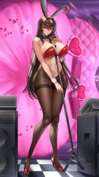 Rule 34 | 1girl, animal ears, bare legs, between breasts, black pantyhose, bow, bowtie, breasts, brown hair, cleavage, clothing cutout, collar, curvy, high heels, highres, large breasts, leotard, microphone, navel, navel cutout, original, pantyhose, playboy bunny, rabbit ears, ranhatu, red eyes, red footwear, skin tight, skindentation, solo, speaker, stage, thick thighs, thighband pantyhose, thighs
