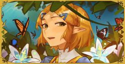 Rule 34 | 1girl, blonde hair, bug, butterfly, green eyes, hair ornament, hairclip, highres, insect, looking at viewer, medium hair, nintendo, open mouth, pointy ears, portrait, princess zelda, smile, solo, the legend of zelda, the legend of zelda: breath of the wild, the legend of zelda: tears of the kingdom, vergil mon, yellow background