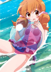 Rule 34 | 1girl, :d, absurdres, afloat, ball, beachball, blush, breast press, breasts, brown eyes, covered navel, dutch angle, hair between eyes, highres, long hair, looking at viewer, low twintails, mousou (mousou temporary), navel, ocean, one-piece swimsuit, open mouth, orange hair, pink one-piece swimsuit, small breasts, smile, solo, swimsuit, tokita moeko, twintails, wakaba girl