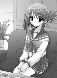 Rule 34 | 00s, 1girl, bow, bowtie, couch, cup, folded ponytail, greyscale, indoors, komaki manaka, monochrome, own hands together, plant, school uniform, short hair, sitting, solo, sweatdrop, table, tea, teacup, to heart (series), to heart 2, v arms