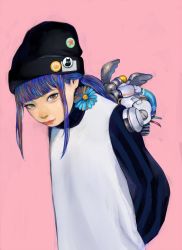 Rule 34 | 1girl, absurdres, arms behind back, badge, beanie, blue hair, button badge, cable, flower, hat, highres, junjunforever, looking at viewer, low ponytail, multicolored eyes, multicolored hair, original, pink background, ponytail, science fiction, shirt, solo, striped clothes, striped shirt, sweater, sweater vest, turtleneck, wire