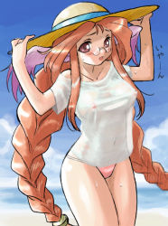 Rule 34 | 1girl, animal ears, beach, bikini, bikini bottom only, blush, braid, breasts, breath of fire, breath of fire iii, collarbone, covered erect nipples, day, dr.p, glasses, hat, large breasts, long hair, momo (breath of fire), no bra, non-web source, orange hair, outdoors, pink bikini, rabbit ears, red eyes, red hair, see-through, shirt, solo, swimsuit, t-shirt, transparent, twintails