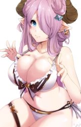Rule 34 | 1girl, bare arms, bikini, blue eyes, blush, bow, bow bikini, breasts, cleavage, collarbone, earrings, frill trim, frills, granblue fantasy, hair ornament, hair over one eye, highres, horns, jewelry, large breasts, light purple hair, long hair, looking at viewer, narmaya (granblue fantasy), narmaya (summer) (granblue fantasy), navel, pointy ears, ryuu., side-tie bikini bottom, simple background, sitting, skindentation, sleeveless, smile, solo, strap pull, swimsuit, thigh strap, white background, white bikini