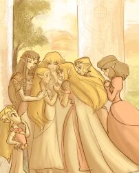 Rule 34 | 6+girls, blonde hair, brown hair, commentary, dress, earrings, finger to mouth, highres, holding hands, in-franchise crossover, jewelry, long dress, looking at another, marcat37328081, multiple girls, nintendo, pink dress, pointy ears, princess zelda, sidelocks, the legend of zelda, the legend of zelda: a link between worlds, the legend of zelda: breath of the wild, the legend of zelda: ocarina of time, the legend of zelda: skyward sword, the legend of zelda: the wind waker, the legend of zelda: twilight princess, the legend of zelda (nes), triforce, white dress