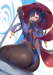 Rule 34 | 1girl, ass, black gloves, black hair, black pantyhose, black ribbon, blue eyes, blush, breasts, cape, commentary, detached sleeves, from behind, from below, fuenyuan, genshin impact, gloves, hair ribbon, highres, holding, lipstick, long hair, long sleeves, looking at viewer, looking back, looking down, makeup, medium breasts, mona (genshin impact), pantyhose, purple cape, purple lips, ribbon, simple background, sitting, solo, twintails, twitter username, white background