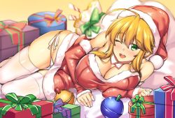 Rule 34 | 1girl, ahoge, alternate costume, arm warmers, artoria pendragon (fate), artoria pendragon (lancer) (fate), bare shoulders, blonde hair, blush, braid, breasts, collarbone, commentary request, dress, fate/grand order, fate (series), french braid, fur trim, gift, green eyes, hair between eyes, hat, highres, large breasts, long hair, looking at viewer, lying, merry christmas, on side, one eye closed, open mouth, panties, red dress, sack, santa costume, santa dress, santa hat, shirokuma a, side-tie panties, sidelocks, solo, thigh gap, thighs, underwear, white legwear, white panties
