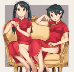 Rule 34 | 2girls, bad id, bad pixiv id, black eyes, black footwear, black hair, breasts, china dress, chinese clothes, couch, dress, own hands clasped, high heels, kantai collection, long hair, looking at viewer, makio (makiomeigenbot), mikuma (kancolle), mogami (kancolle), multiple girls, own hands together, red dress, short hair, sitting, small breasts, smile, twintails