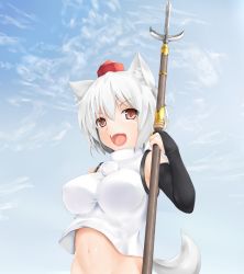 Rule 34 | 1girl, :d, animal ears, bare shoulders, blush, breasts, day, elbow gloves, female focus, gloves, hat, highres, holding, impossible clothes, inubashiri momiji, juumonji yari, large breasts, midriff, navel, open mouth, polearm, red eyes, red hat, sky, smile, solo, spear, takaman (gaffe), tokin hat, touhou, weapon, white hair, wolf ears, yari