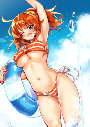 Rule 34 | 1girl, ;d, absurdres, bare arms, bare shoulders, bikini, blue sky, blush, bracelet, breasts, brilliant summer, brown eyes, brown hair, cleavage, cleavage cutout, clothing cutout, cloud, cloudy sky, commentary request, covered erect nipples, day, fate/grand order, fate (series), fujimaru ritsuka (female), fujimaru ritsuka (female) (brilliant summer), groin, hair between eyes, hair ornament, hair scrunchie, heart, heart-shaped pupils, highres, holding, holding swim ring, innertube, jewelry, large breasts, navel, official alternate costume, one eye closed, one side up, open mouth, outdoors, pearl bracelet, round teeth, ruri rarako, scrunchie, side-tie bikini bottom, sky, smile, solo, striped bikini, striped clothes, swim ring, swimsuit, symbol-shaped pupils, teeth, transparent, twitter username, upper teeth only, water, water drop, yellow scrunchie